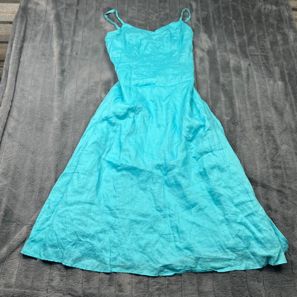 Cubavera Womens Turquoise Blue 100% Linen Midi Sundress Size 4 Smocked Back